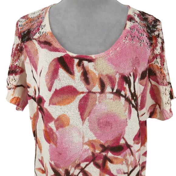 Chicos Sweater 2 Womens Large Ivory Pink Floral Cotton Knit Cap Sleeve Oversized - Picture 7 of 14